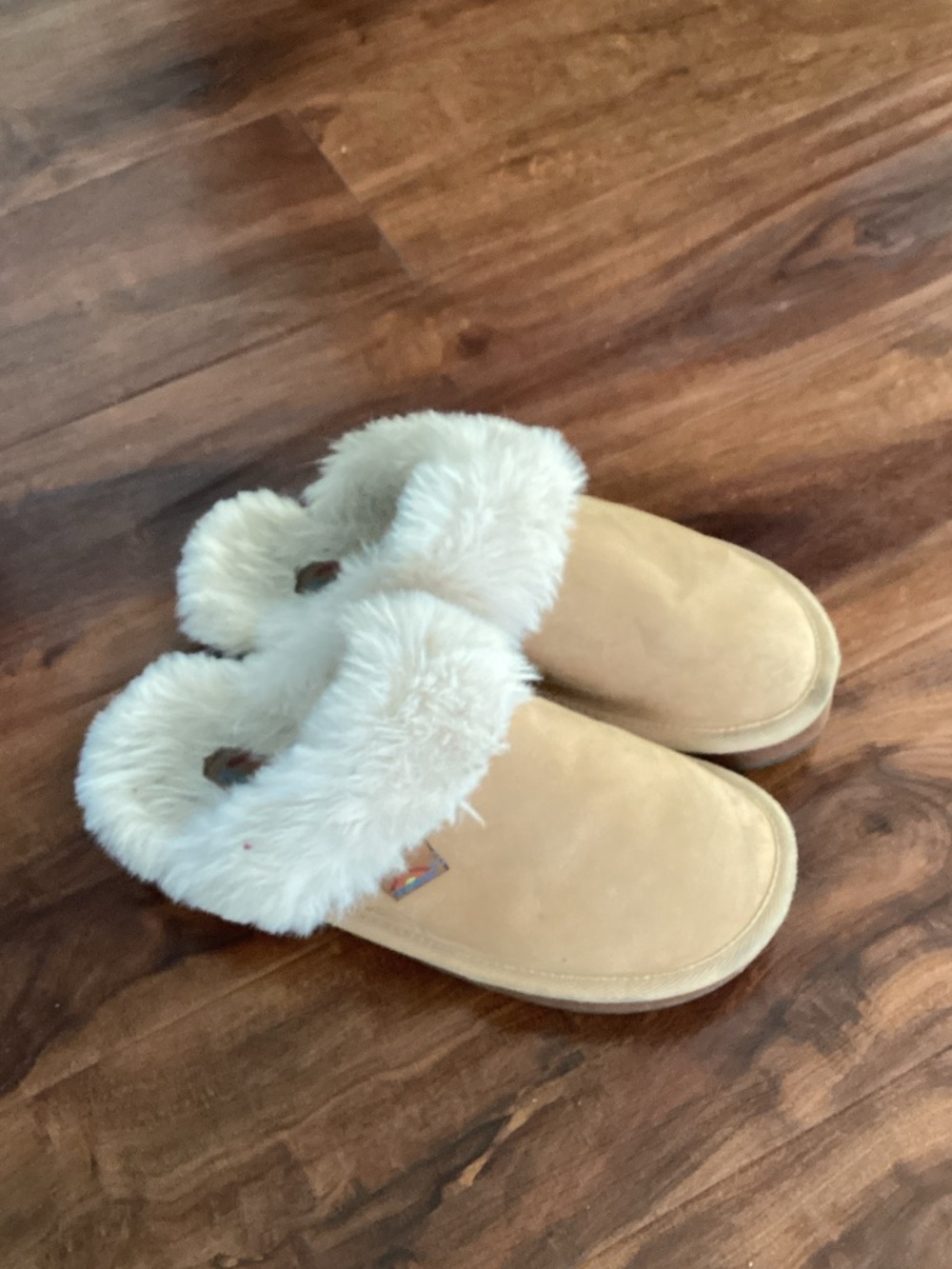 Rainbow Tan Suede Slippers with Cream Fur Trim
